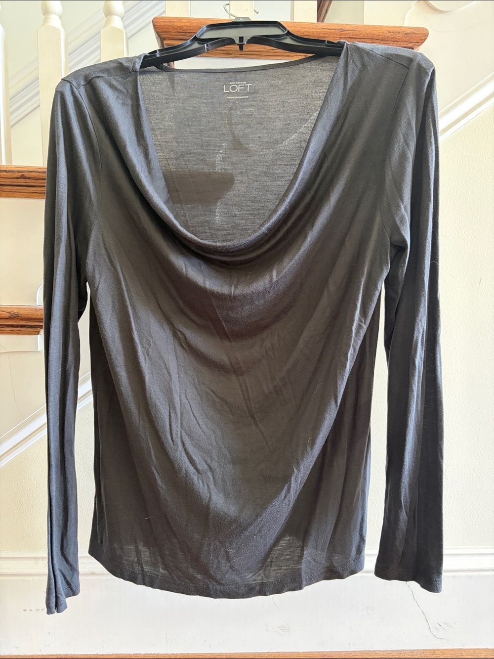 LOFT Charcoal Gray Draped Cowl Neck Long Sleeve Top